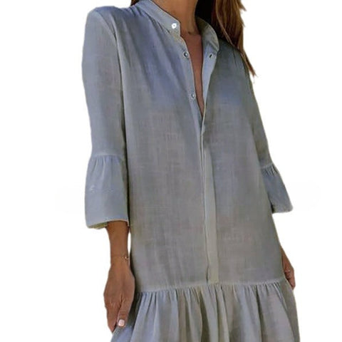 Spring and summer stand-up collar pure cotton and linen solid color ruffle hem dress m300724