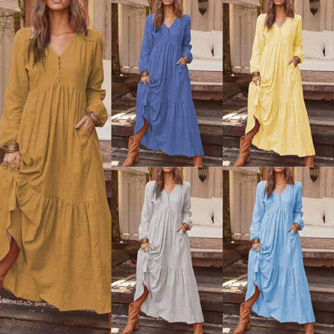Button cotton and linen retro casual long-sleeved dress big swing long dress multi-color m301374