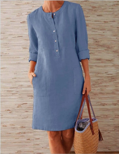 Cotton and linen round neck long sleeved dress m300061