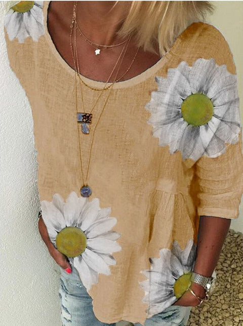 Chrysanthemum print crew neck seven-quarter sleeve T-shirt women's m300893