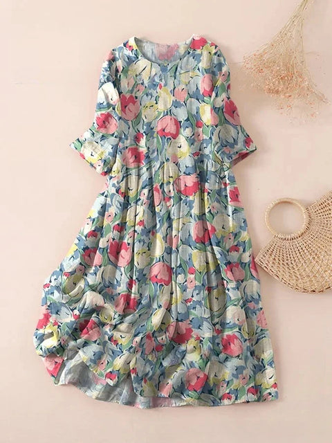 Loose Crew Neck Fashion Long Sleeve Printed Dress m301072