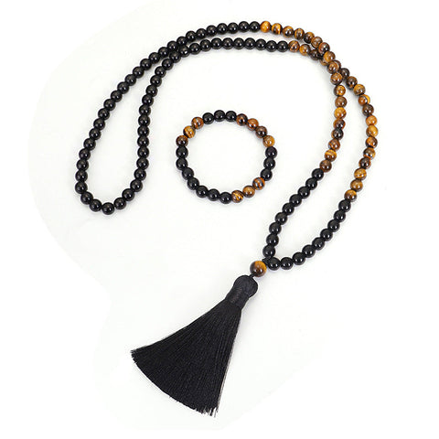 Necklace Set 108 Tiger's Eye Yoga Necklace Tassel Sweater Chain m3331304