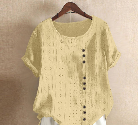 Summer Women's Solid Button Palace Lock Loose Short sleeved Round Neck Top m300046