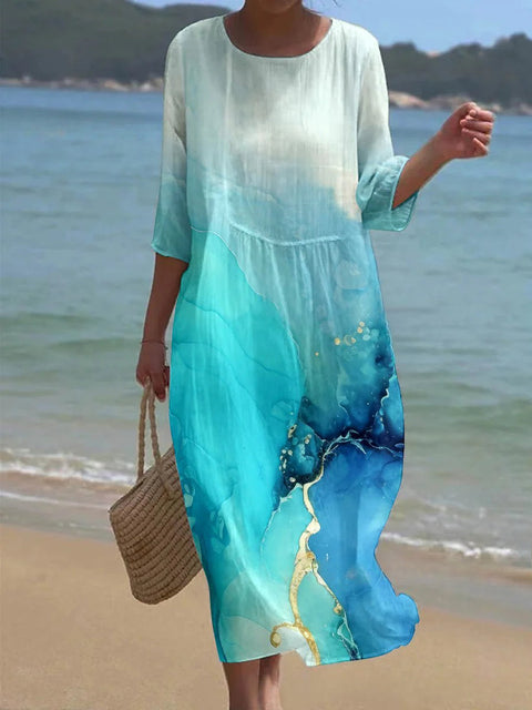 Loose Crew Neck Fashion Long Sleeve Printed Dress m301072