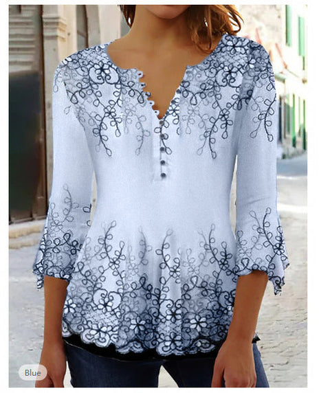 Fashion Ruili floral print V-neck three-quarter sleeve T-shirt m300035