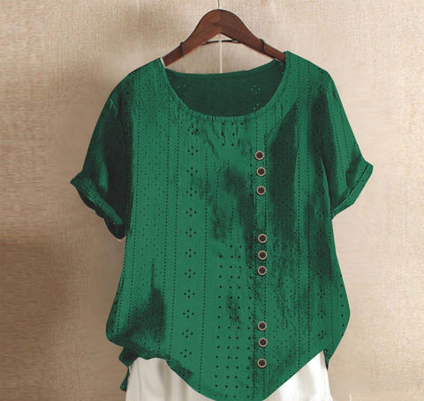 Summer Women's Solid Button Palace Lock Loose Short sleeved Round Neck Top m300046