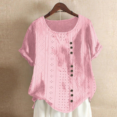 Summer Women's Solid Button Palace Lock Loose Short sleeved Round Neck Top m300046