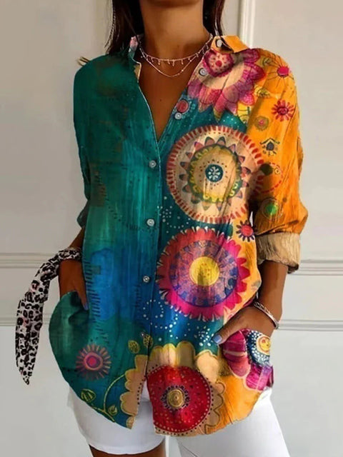 3D digital printing abstract pattern women's long-sleeved buckle linen shirt m301277