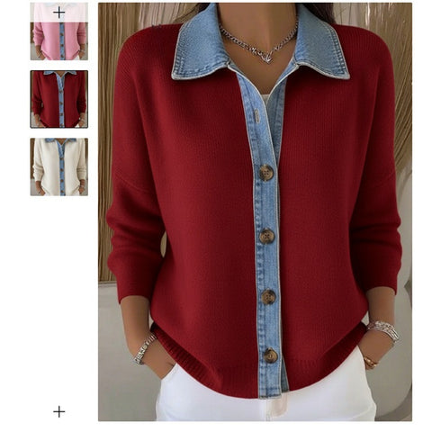 Unique denim splicing collar cardigan women's spring sweater small shirt slim long-sleeved top m302110