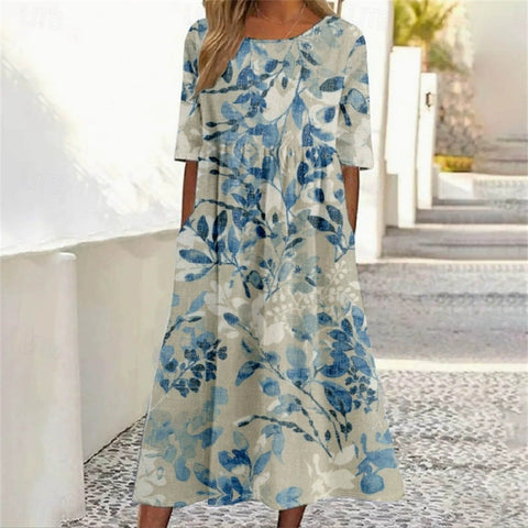 Ladies Casual Crew Neck Pullover Short Sleeve 3D Printing Pleated Waist Swing Long Dress Dress m301299