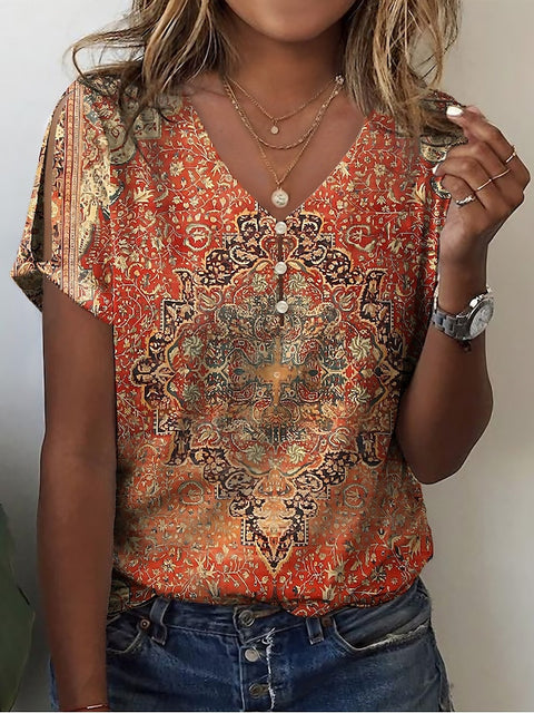 3D printed V-neck button-up T-shirt top daily short-sleeved m301263