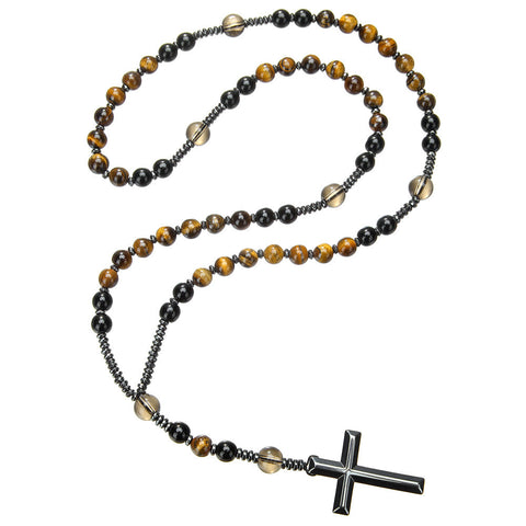 Natural stone black gallstone yellow tiger eye iron stone cross necklace hip hop necklace m3331291