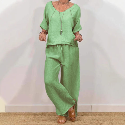 Casual V-neck pullover five-quarter sleeves plus trousers multi-colored women's two-piece set m301430