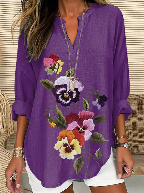 Loose 3D Printed V-Neck Shirt Long Sleeve T-Shirt m301360