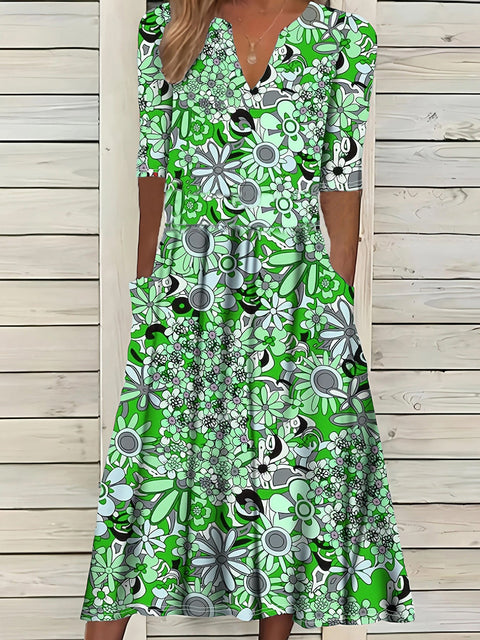 Printed V-neck elegant five-quarter sleeve dress m301208