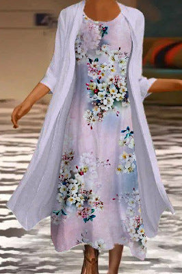 New women's long dress two-piece set flower and grass print crew neck dress m301251