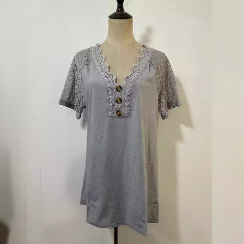 Comfort and Casual Lace Short Sleeve Stitching V-neck Pullover M300159