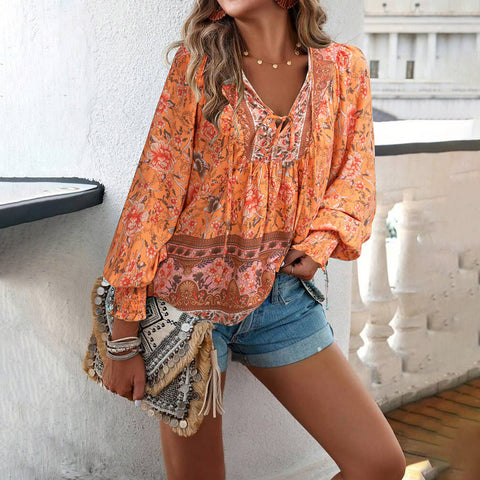 Printed shirt temperament foreign trade v-neck long-sleeved top m300866