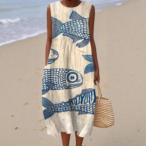 New sleeveless casual printing temperament long dress dress slim fit small fresh casual dress m301521