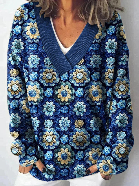 Autumn and winter imitation sweater printing foreign trade new women's pullover V-neck casual fashion long-sleeved top m302113