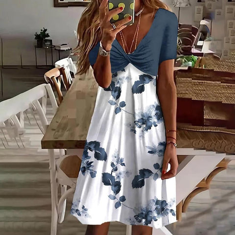 Printed v-neck short-sleeved high-waisted splicing pendulum casual dress m300722