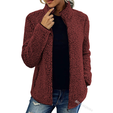 Solid color top sweater women's casual fashion long-sleeved zipper bubble fleece jacket m300462