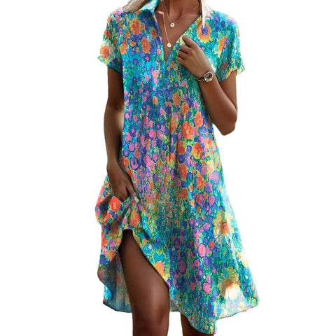 Crew neck short sleeve long dress bohemian print dress m300908