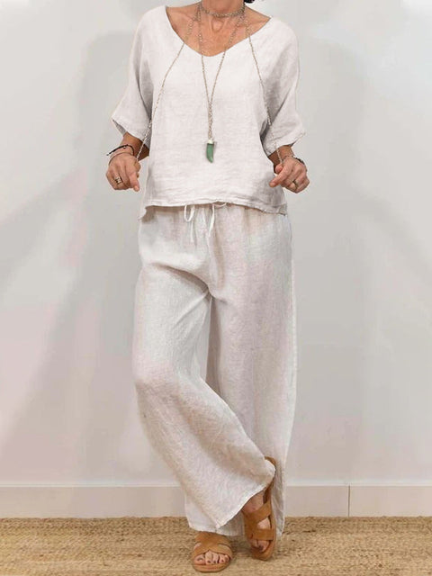 Casual V-neck pullover five-quarter sleeves plus trousers multi-colored women's two-piece set m301430