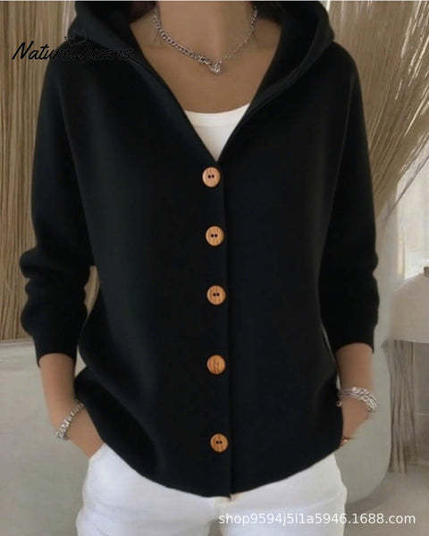 New black button hooded cardigan women's pure leisure fashion sweater jacket women's Christmas m302115