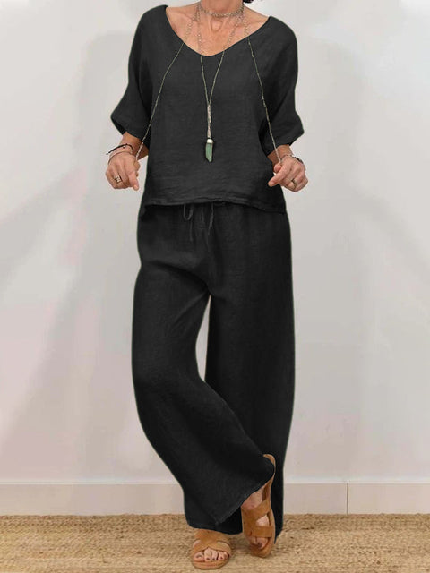 Casual V-neck pullover five-quarter sleeves plus trousers multi-colored women's two-piece set m301430