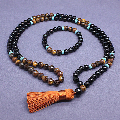 108 rosary beads natural agate tiger's eye stone fringed sweater chain m3331292