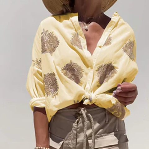 Printed Independent Station Long Sleeve Lapel Button Women's Shirt m301309