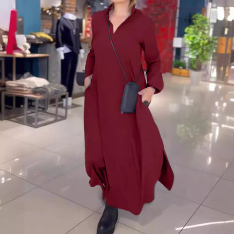 Casual solid color V-neck long-sleeved dress women's m301337