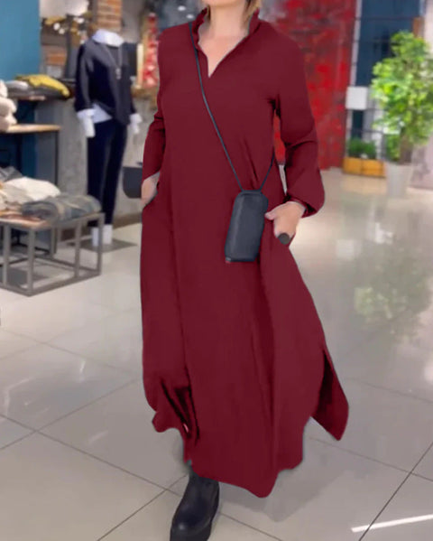 Casual solid color V-neck long-sleeved dress women's m301337