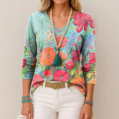 Printed loose long-sleeved V-neck T-shirt m301566