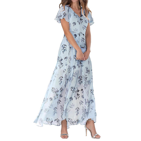 Big pendulum long dress V-neck short-sleeved printed chiffon dress m301544