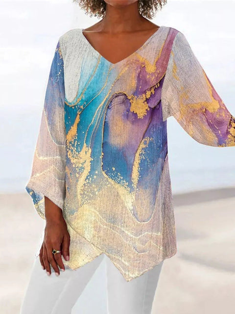 Women's printed animal natural scenery V-neck nine-quarter sleeve loose T-shirt m301289