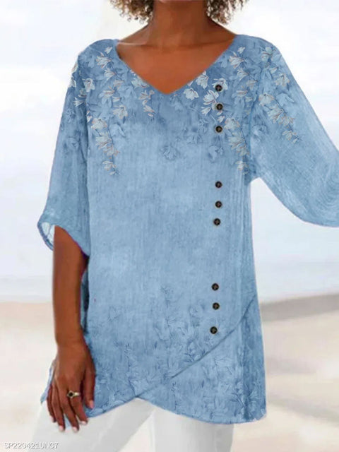 Women's printed animal natural scenery V-neck nine-quarter sleeve loose T-shirt m301289