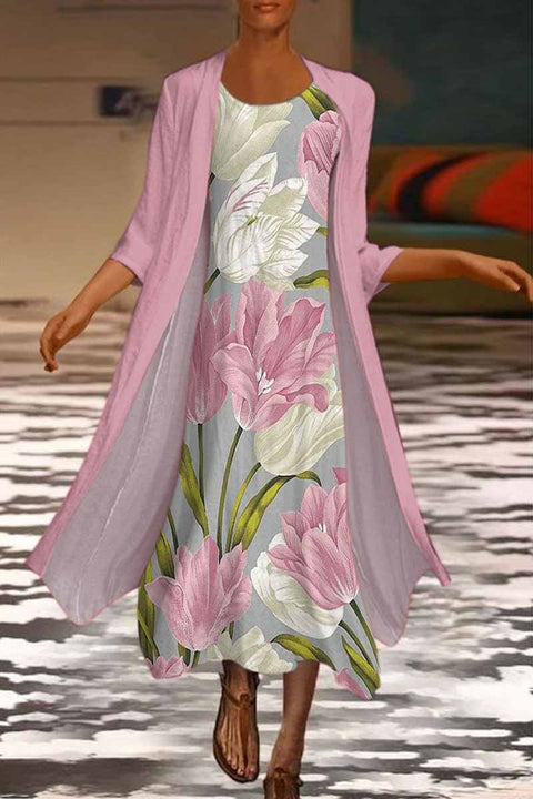 New women's long dress two-piece set flower and grass print crew neck dress m301251