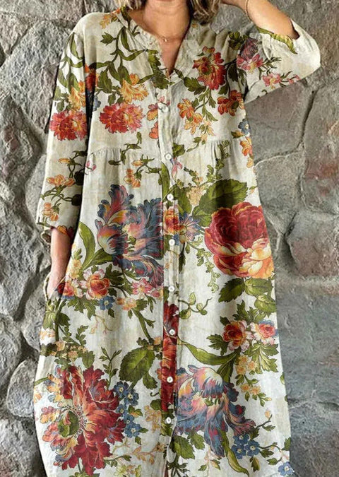 Women's Loose Crew Neck Fashion Premium Long Sleeve Printed Shirt Dress m301050