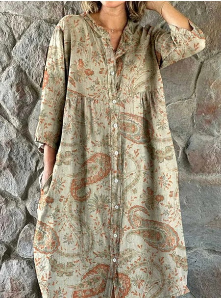 Women's Loose Crew Neck Fashion Premium Long Sleeve Printed Shirt Dress m301050