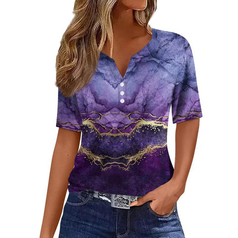 V-neck three-button 3D printed short-sleeved women's top m300617