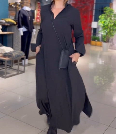 Casual solid color V-neck long-sleeved dress women's m301337