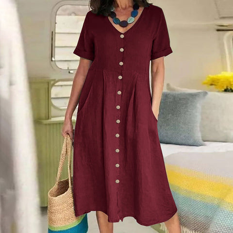 New solid color loose high waist cotton and linen dress m301192