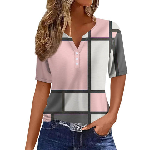 V-neck three-button 3D printed short-sleeved women's top m300617
