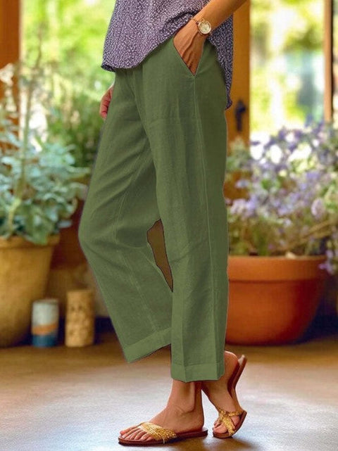 Cotton and linen loose solid color elastic waist pocket straight casual pants m301571