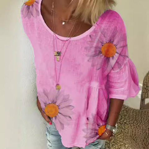 Chrysanthemum print crew neck seven-quarter sleeve T-shirt women's m300893