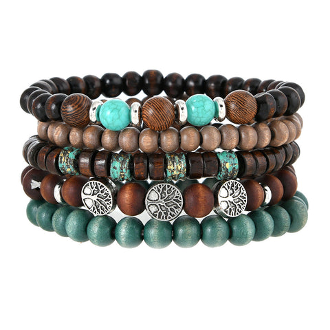 Retro wind zinc alloy life tree hand-woven wooden beads beaded multi-layer five-piece bracelet m3331272