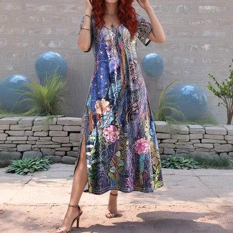 Casual loose printing women's medium-sleeved V-neck ethnic style dress m301203