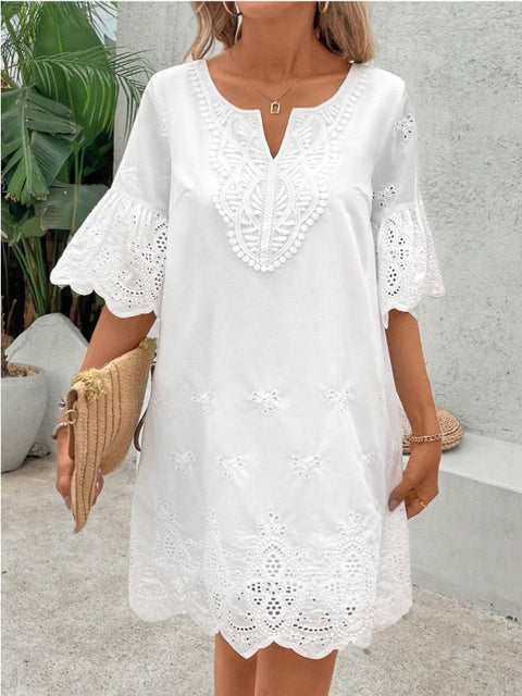 Hollow embroidery fashion casual lace v-neck five-quarter sleeve dress m301469